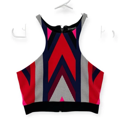 Express Halter Crop Top Womens XS Colorblock Zip Back High Neck Tank NWT