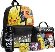 [Pokémon] Pokemon Backpack Set 4 Pcs Water Bottle Backpack Pencil Case Insulated Lunch Bag or Wallet Anime School Supplies Travel, Black/Yellow, One Size, Casual, Youth