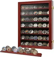 7 Rows Challenge Coin Holder Display Case with HD Tempered Glass Holds 100 coins, Wall-Mountable Military Shadow Box Cabinet with Removable 2-Groove Shelves for Medals and Casino Poker Chips, Mahogany