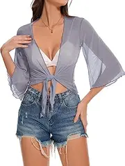 [florynova] Shrugs for Women Tie Front Cropped Cardigans Summer Half Sleeve Bolero Jacket Tops