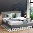 Bed Frame King Size Wooden Slats Grey Fabric Oikiture