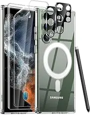 5 in 1 Compatible with Samsung Galaxy S22 Ultra Case with Magnetic Clear Case, [Not Yellowing] 2X Screen Protectors [flexible] & 2X Camera Lens Protectors, Shockproof Slim Cover for MagSafe