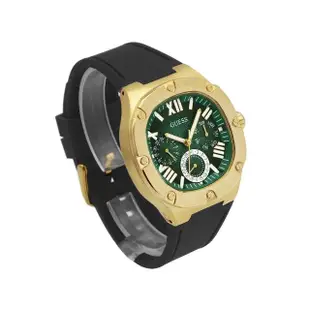 【GUESS】金框 綠面 三眼日期顯示 圓角方型 黑色矽膠錶帶 男錶 手錶 母親節(GW0571G3)