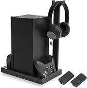 Goshyda Vertical Fan Stand for Xbox Series X Console Controller, Dual Gamepad Charging Station, 4 Fans, with 2 x 1400 mAh Battery and Headset Holder