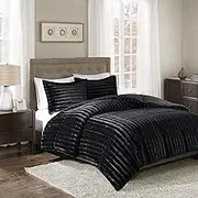 Madison Park Duke Luxe Faux Fur Reversible Comforter Set, Soft Plush Reverse, Modern Down Alternative Filling Cozy Bedding, Box Quilted Warm Cover, Matching Shams, King/California King, Black 3 Piece