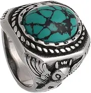[TURTLEDOVE] Mens Retro Turquoise Ring Bohemian Oval Stone Rings Owl Stainless Steel Ring Jewelry for Father,Boyfriend,Brother