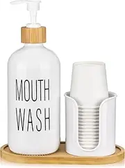 Glass Mouthwash Dispenser with Cup Holder - 16 oz Pump Bottle White Mouthwash Container for Bathroom - 14 Mouthwash Cups,Bamboo Tray and Funnel Included