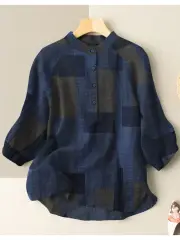 ZANZEA Plus Size Loose Fit Check Print Button Stand Collar 3/4 Sleeve Cotton Linen Women Blouse