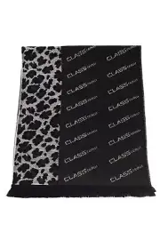 Cavalli Class Men Black Gray Scarf Wool Animal Logo Pattern Fringes Shawl Wrap