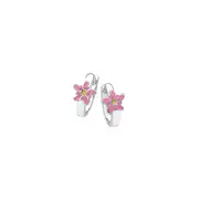 Silver Pink & Yellow Enamel Flower Huggies