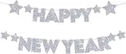 Happy New Year Banner, New Years Eve Decorations Banner, Glitter Silver 2025 New Years Eve Party Hanging Banner Home Room Ceiling Wall Window Door Bar Shop Indoor Outdoor Decorations Supplies