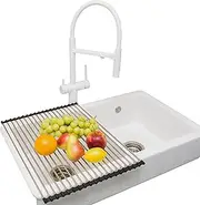Roll-Up Dish Drying Rack 20"(L) x 16"(W) (50 x 40cm) - Foldable Multipurpose Heat Resistant Large Stainless Steel Kitchen Rollup Dish Drainer Over Sink Mat - Silicone Coated Rims