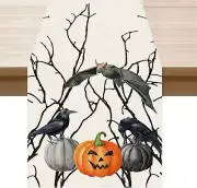 Halloween Bat Spooky Pumpkin Crow Table Runner Burlap Table 13"x120"