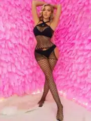 Halter Fishnet One Piece Black Body Stocking Open Crotch Women's One Size