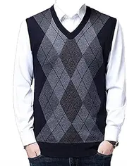 [Kaxiya2021] Men's Knitted Vest Casual Loose Sleeveless Pullover V-Neck Contrast Checkered Banquet Business Dating Sweater