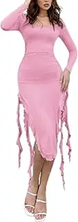 [Generic] Sexy Square Neck Bodycon Mini Dress for Women Long Sleeve Mesh Ruffle Hem Slit Party Dresses