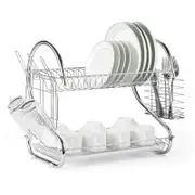 2 Layer Dish Rack Drying Holder Tray Kitchen Cup Plates Cutlery Drainer Silver