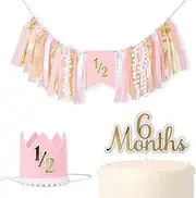 Pink and Gold Half Birthday Decorations - 1/2 Highchair Banner,Princess Half Way To One Banner,1/2 Birthday Hat, 6 Months Cake Topper,Baby Birthday Photo Props,1/2 Birthday Girl Crown