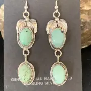 Green Spiderweb Turquoise Navajo Sterling Silver Dangle Earrings 13548