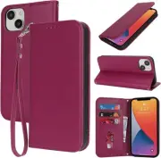for iPhone 14 13 Case Leather Wallet Magnetic Flip Cover with Wrist Strap Card