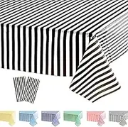 POPOYU 2Pcs Black Stripe Table Cloth,Black and White Table Covers,137*274cm Birthday Party Rectangular Dining Table Cover Tablecovers Plastic Tablecloths for Picnic,Christmas,Birthday Party Decoration