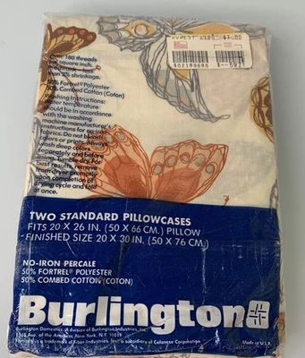 Set of 2 Vintage Burlington Pillowcases Standard Butterfly No Iron Percale NIP