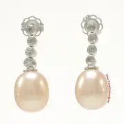 TPJ Sparkling Diamonds & Genuine Pink Pearl Dangle Stud Earrings 14k White Gold