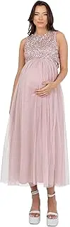 [Maya Deluxe] Women's Ladies Maternity Dress for Pregnant Wedding Guest Midaxi Sleeveless Sequin Embellished Tulle Crew Neck Bridesmaid