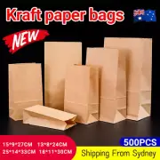 500PCS Kraft Food Paper Bags Brown Flat Bottom Lunch Bags Party Favour Bag AU