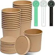 [25 Sets - 16 oz] Kraft Paper Food Soup Containers with Vented Lids, Microwavable Disposable Food Soup Bowls, to Go Hot Soup Bowls, Great for Restaurants - Extra 30 Hand Made Self-Adhesive Labels