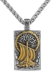 [TQWSVUM] Men Viking Pirate Ship Tree of Life Necklace - Norse Vintage Yggdrasil Stainless Steel Amulet Pendant - Medieval Gothic Pagan Protection Jewelry Sweater Chain