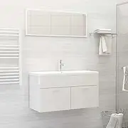 2 Piece Bathroom Furniture Set High Gloss White Engineered Wood,Modern Bathroom Furniture Set with Mirror and Cabinet High Gloss White Durable Engineered Wood Bathroom Furniture