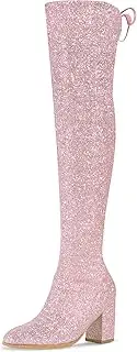 [Allegra K] Women's Glitter Round Toe Chunky Heel Over the Knee High Boots