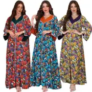 Satin Abaya Dubai Kaftan Women Floral Print Maxi Party Dress Muslim Caftan Robe