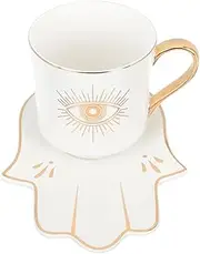 STOBAZA Evil Eye Coffee Mug: Turkish Blue Eye Espresso Cup Ceramic Teacup and Saucers with Hamsa Hand Saucer Amulet Protection Arabic Greek Tea Server for Water Milk Drinking