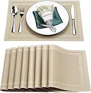 Placemats Set of 8,Washable,Heat and Stain Resistant Indoor/Outdoor Place mats, Vinyl Woven Non slip Table Mats for Restaurant Table Protection, PVC Table Placemats.(Beige, 8PCS)