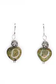 Unakite Red Green 12mm Heart Shape Gemstone .925 Sterling Silver Earrings 1 1/4"