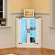 Dystler Small Corner Cabinet with LED Light, Farmhouse Bathroom Cabinet with 2 Doors, Free Standing Home Floor Corner Storage Cabinet for Laundry Room, Living Room, Bedroom or Kitchen, White