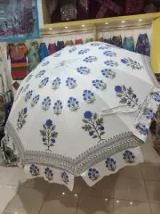 Garden Umbrella With Stand Block Print Flower Print White Cotton Patio