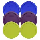Pyrex 7201-PC 6" 2-Blue 2-Purple 2-Green 6PK Storage Cover Lid for 4 Cup Bowl