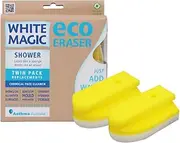 [White Magic] Shower Eraser Sponge Refill Twin Pack – 15x8x4.8cm, Chemical-Free Cleaning, Removes Soap Scum & Hard Water Stains, Micro-Abrasive Fibers, Eco-Friendly & Reusable, Includes Suction Hook