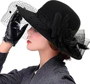[IZUS] Women Flower Decor Bowler Fedora Hat with Veil Floppy Brim Felt Church Party Cap Vintage 1920s Elegant Fascinator Hat Small
