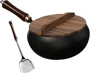 ＫＬＫＣＭＳ Iron Wok Fry Pan Home Deep Design Multipurpose Cookware Uncoated with Wood Lid for Simmering Stewing Meat Vegetables Steaming, 28cm
