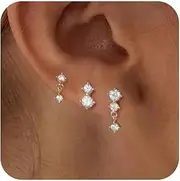 [FASHGOOD] Gold Earrings Set for Women,Dainty 14k Gold Plated Cubic Zirconia Stud Earrings Stack,Trendy Hypoallergenic Small Stud Earrings Set Silver Gold Jewelry Present 3Pairs