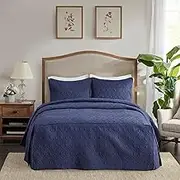 Madison Park Quebec Split Corner Quilted Bedspread Classic Traditional Design All Season, Lightweight, Bedding Set, Matching Shams, Queen (60" x 80" + 24" D), Damask Quilted Navy 3 Piece