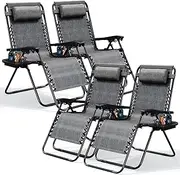 Nestl Zero Gravity Chairs Set of 4, Patio Lounge Chair Outdoor with Pillows & Cup Holder Trays, Adjustable Steel Mesh Reclining Camping Chair, Folding Patio Lawn Chair for Deck, Beach, Yard - Grey