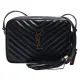 【YSL】經典MONOGRAM系列V字縫線小牛皮復古金屬LOGO流蘇斜背包(黑色715232-DV707-1000)