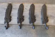 4 COAT HOOKS FEATHER CAST IRON HAT RACK HALL TREE ENTRY WAY TOWEL Hardware