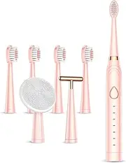 SENWEN Sonic Electric Toothbrush, USB Rechargeable Powerful Sonic Cleaning Tooth Brush with 6 Modes, 5 Brush Heads + 1 Facial Cleansing Brush Head + 1 Face Massage Head Whitening Toothbrushes, Pink