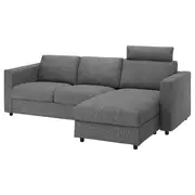 VIMLE 3-seat sofa, with chaise longue with headrest/Lejde grey/black